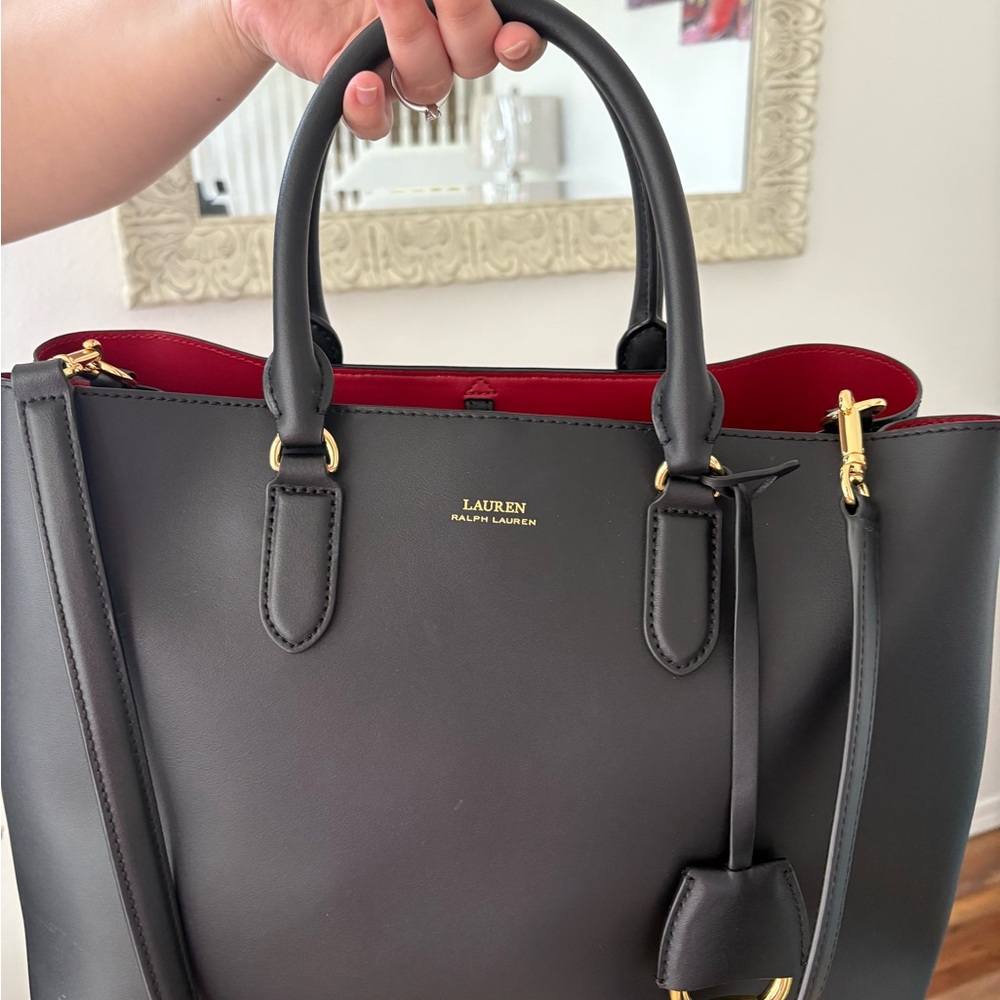 Ralph Lauren Black Leather Tote with Red Interior